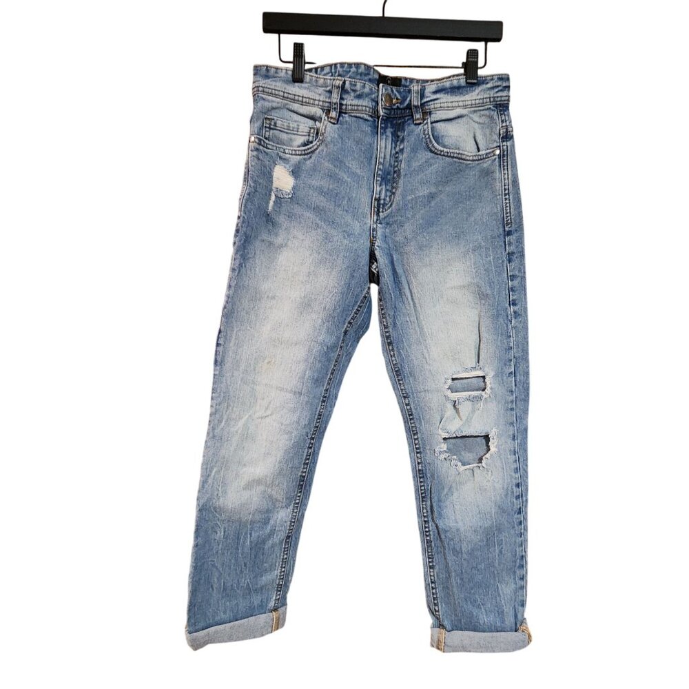 91Cotton On Mens Cotton On Distressed Slim Leg Jeans Size 30 Light Blue Denim